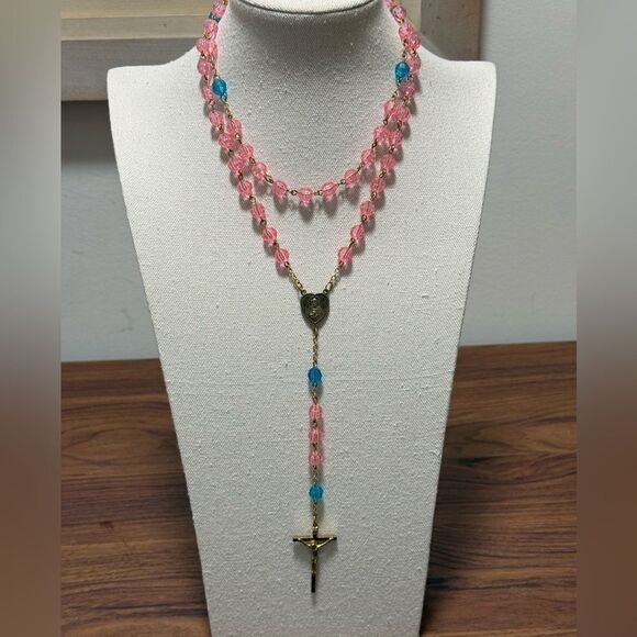 Catholic Rosary GoldTone with Pink & Turquoise beads. - Picture 1 of 7